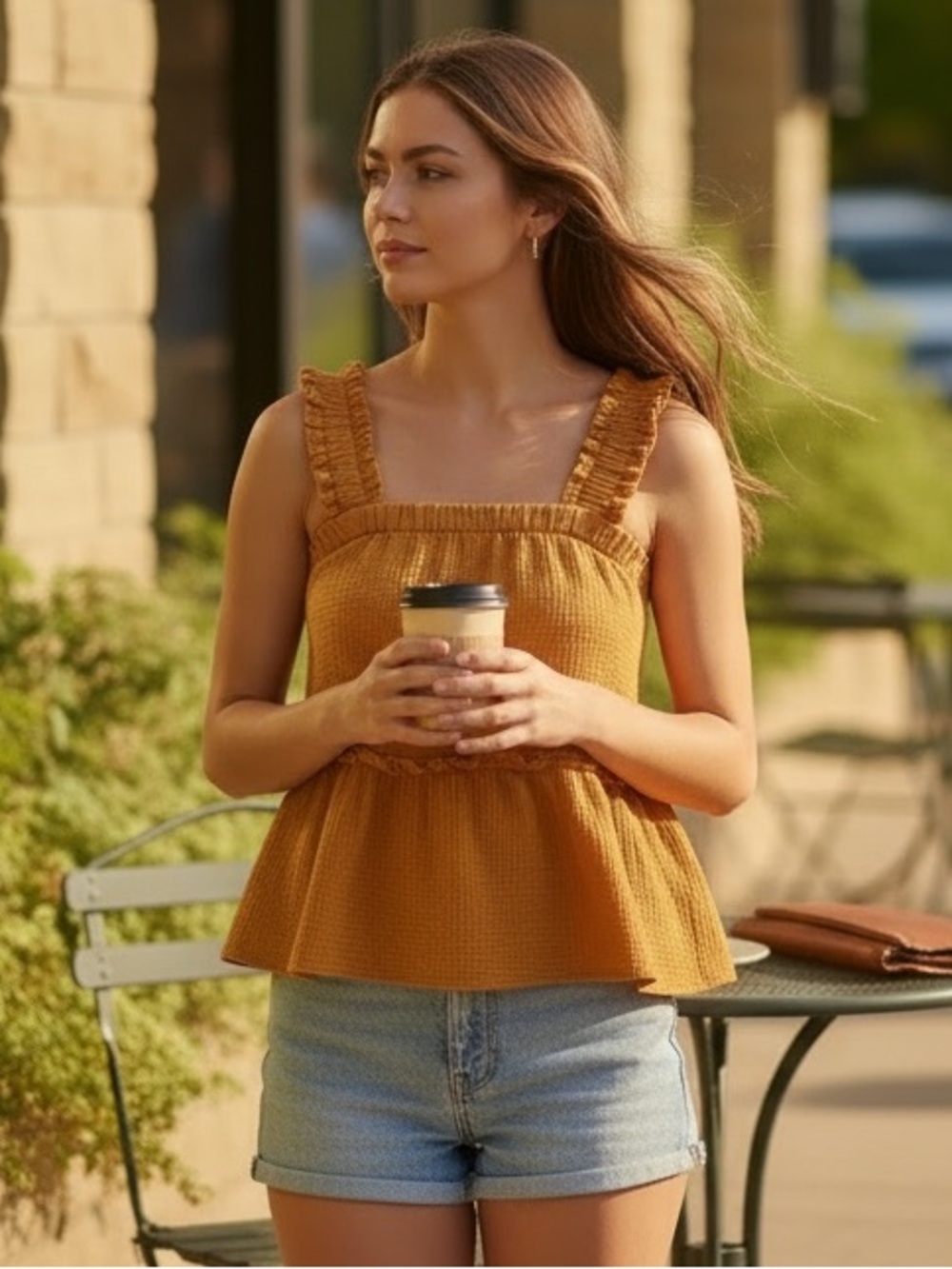 ODDY Yellow Springtime Ruffled Strap Tank Top - Picture 2 of 4